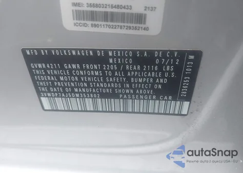 2013 Volkswagen Jetta 2.5L Se из США, поврежденный, VIN 3VWDP7AJ5DM353802